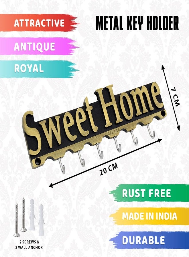 Zeetab Sweet Home Key Holder | Steel Metal Key Stand with 6 Hook Wall Mount | Home Decor Gift (Antique) - Image 2